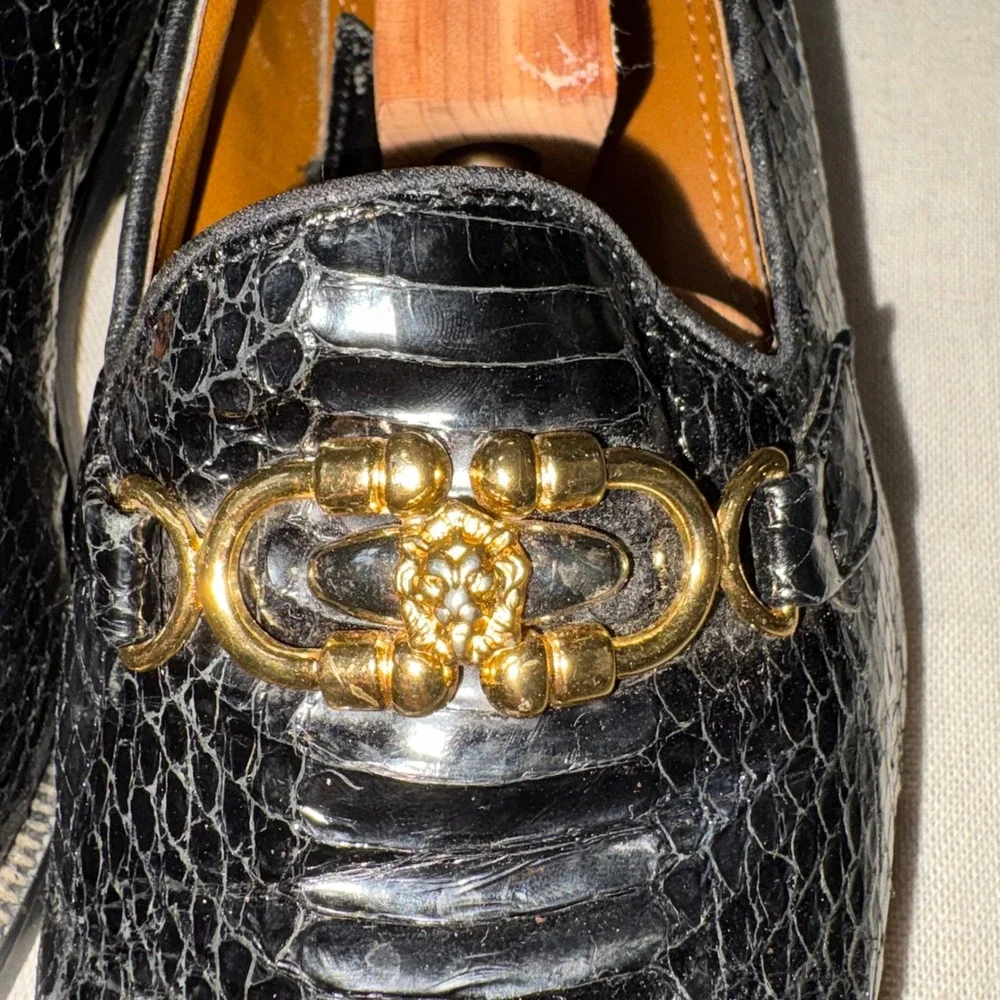 Giorgio Brutini Mens 6.5 Black Genuine Snake‎ Skin Lion Head Bit Loafers Vintage